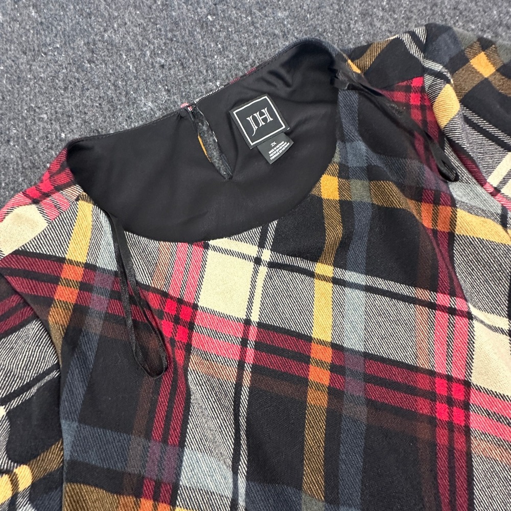 JH Plaid Dress Womens 2X Black Multicolor Bell Sleeve Shift JC9W5992 Lined Fall